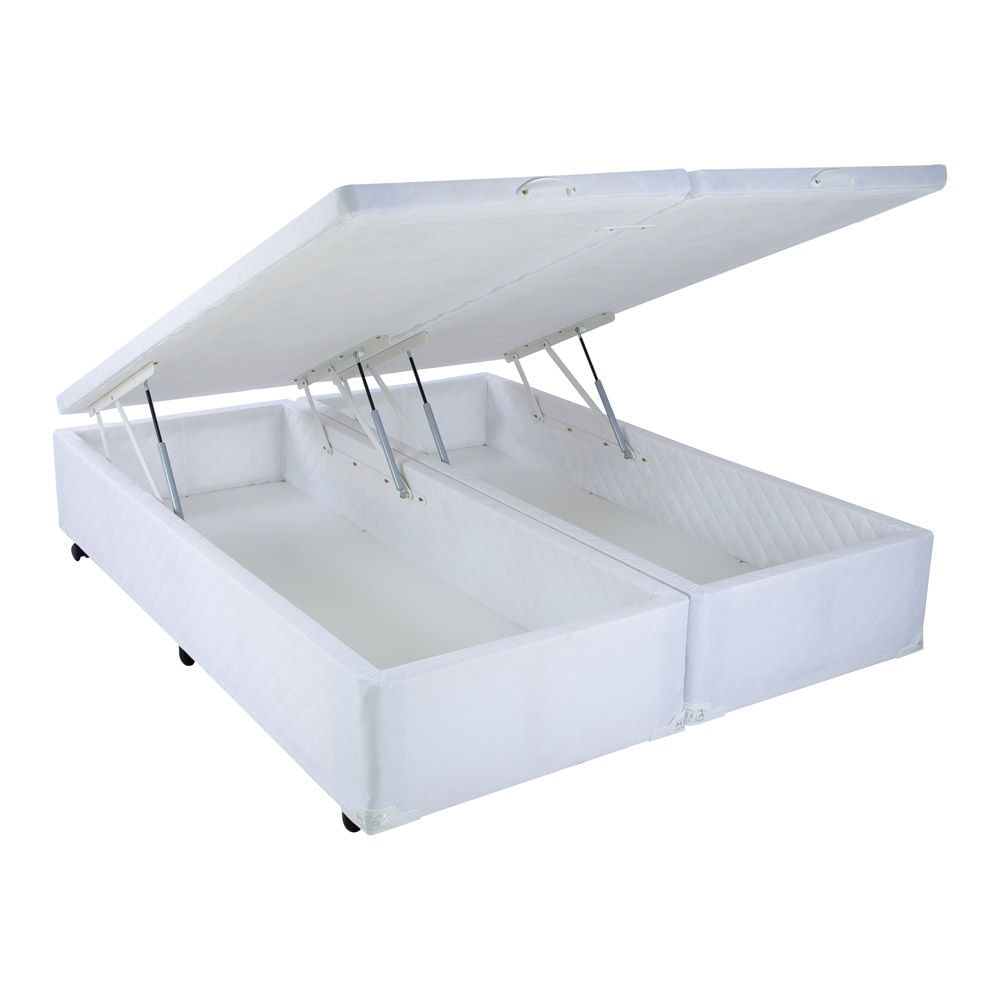 Cama Box Casal com Baú Mega Colchões Branco com Pistão - 138x188 Bipartido  - megacolchoes